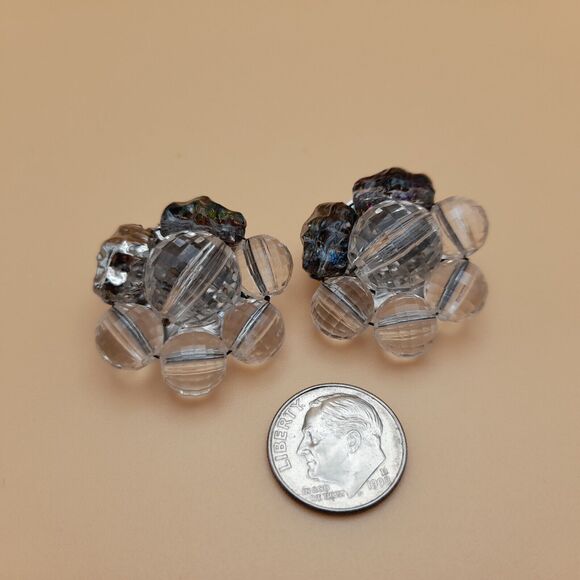 Vintage Art Lava Glass Clear Faceted Bead Earrings, Silver Tone, Clips - Picture 9 of 10